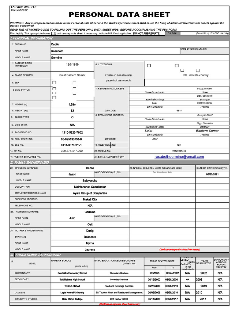 Personal Data Sheet Template for CSC | PDF | Affidavit | Government
