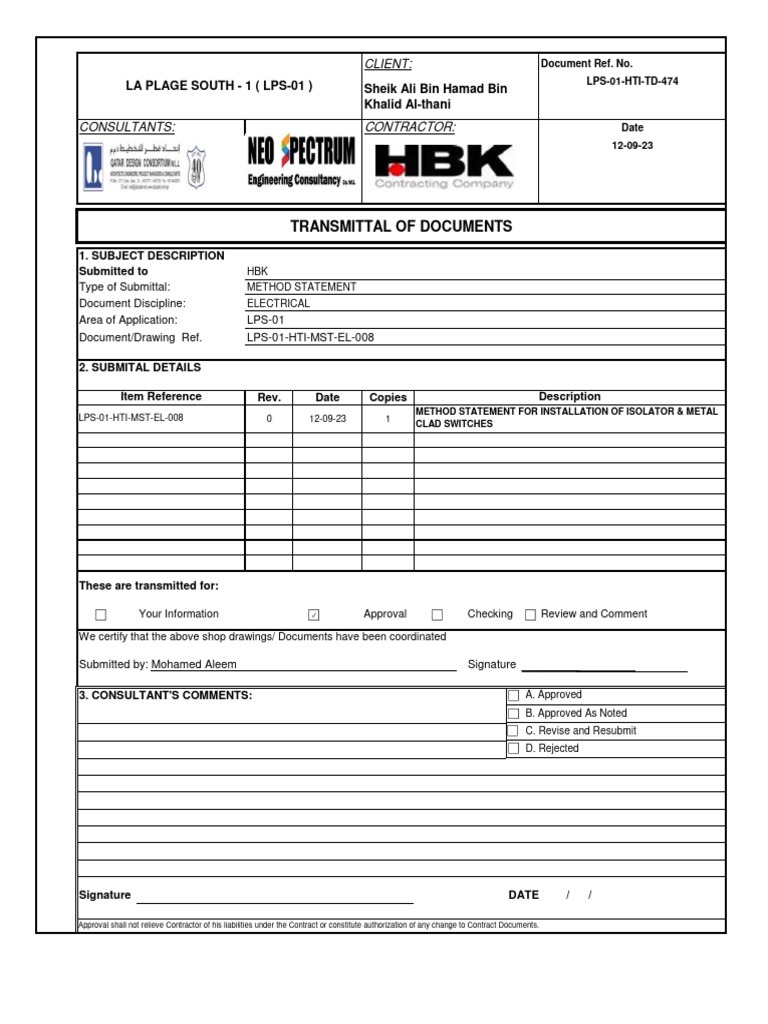 Method Statement for Isolator Installation | PDF | Calibration ...