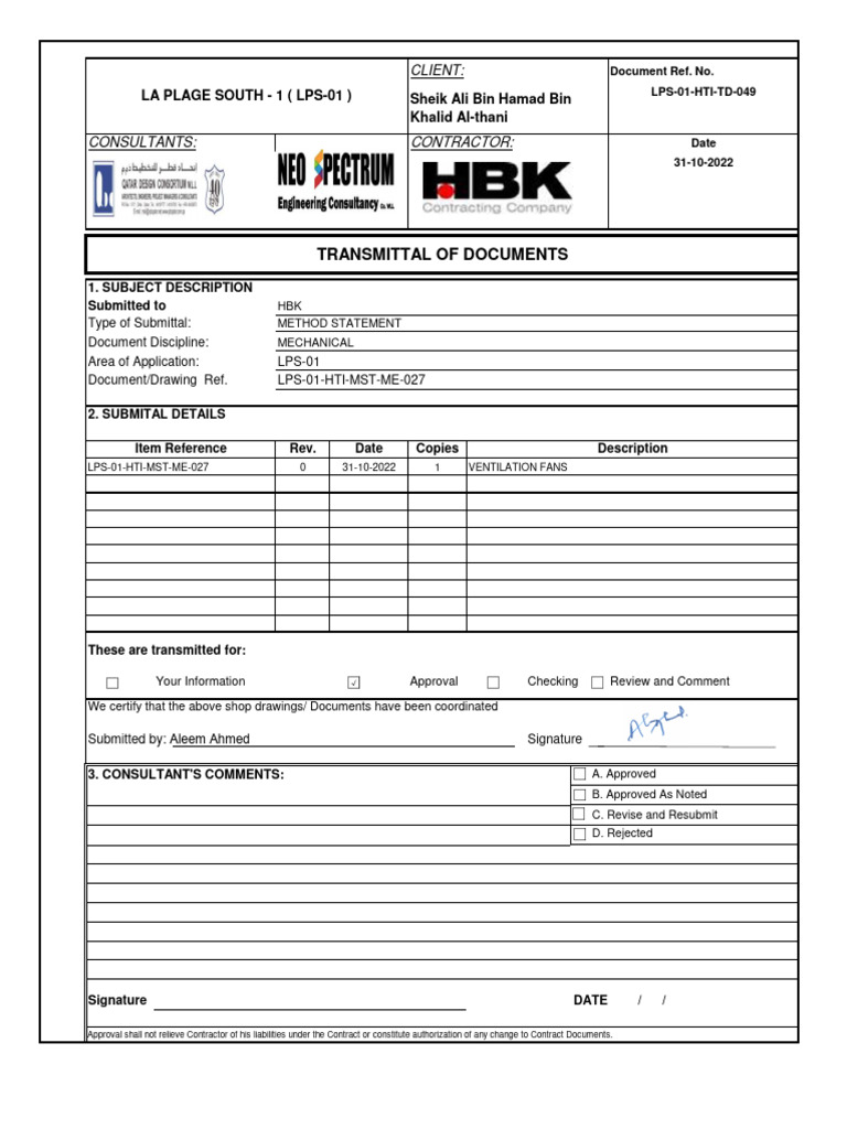 Method Statement for Ventilation Fans Installation | PDF | Duct (Flow ...
