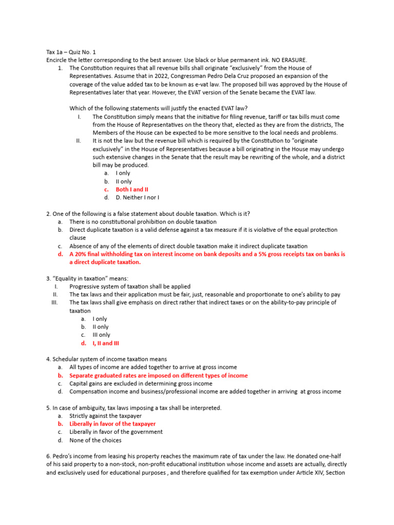 Tax Law Quiz: Key Concepts and Principles | PDF | Taxes | Taxation In ...