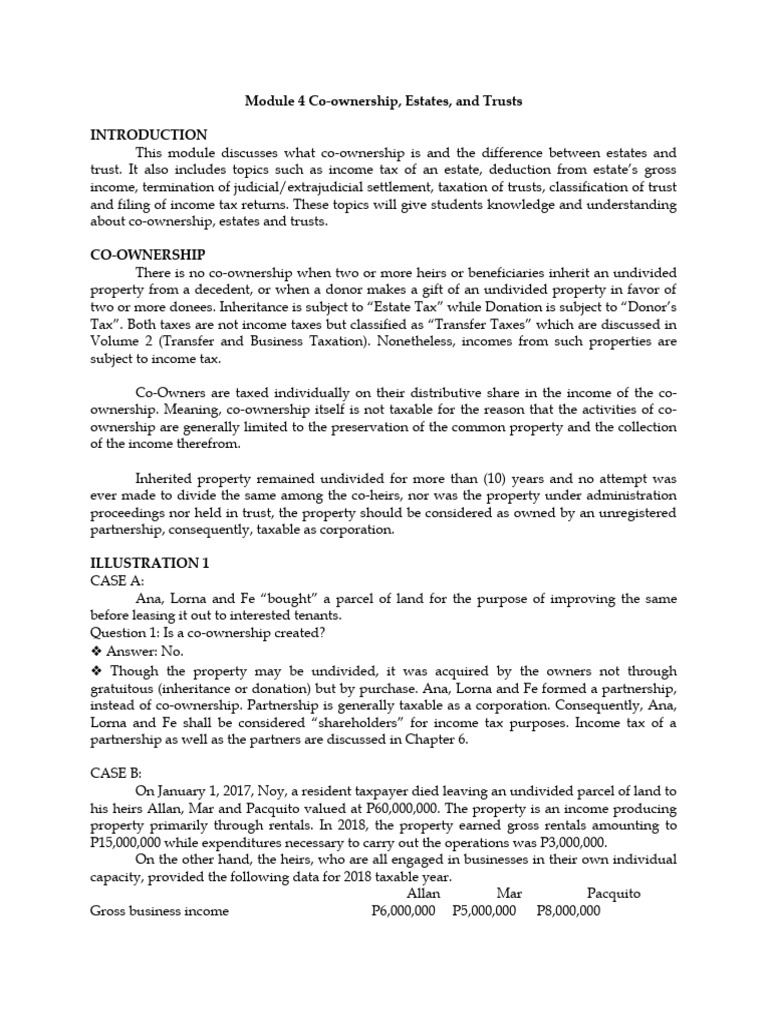 Module 4 Co-Ownership, Estates and Trust | PDF | Concurrent Estate | Taxes