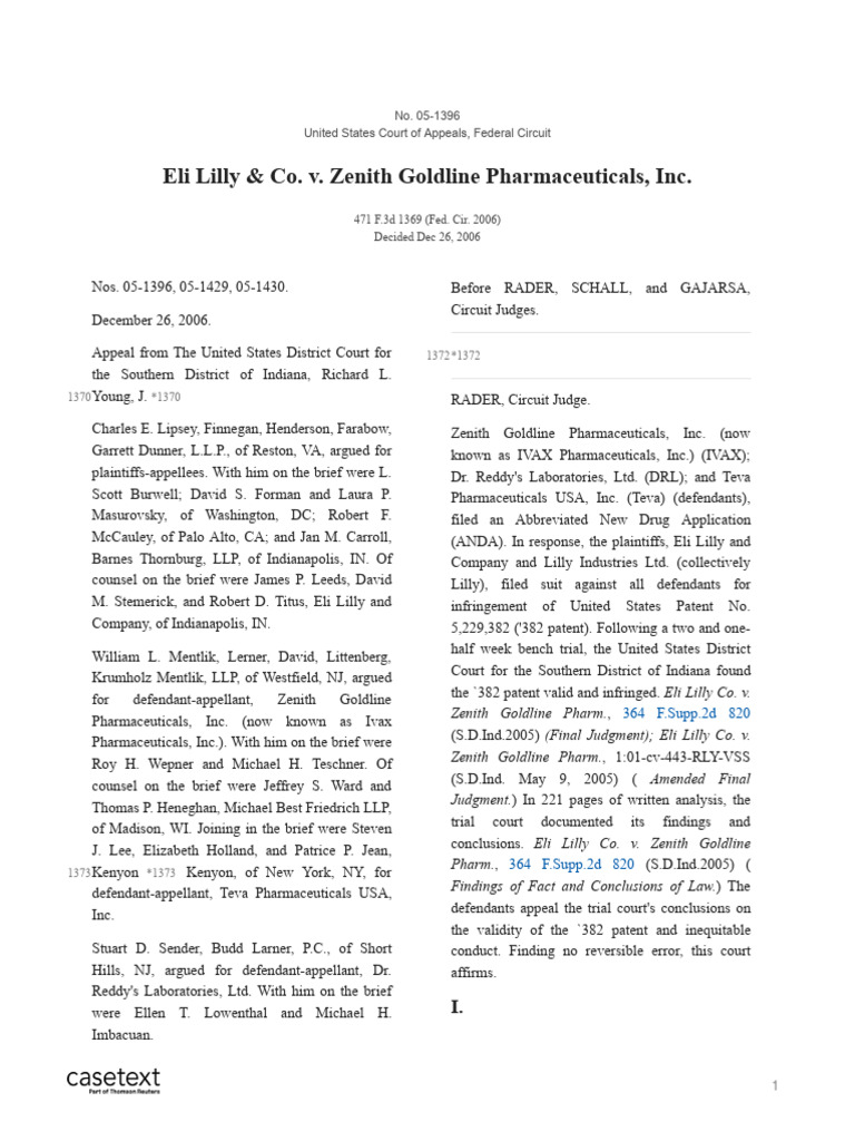 Eli Lilly & Co. v. Zenith Goldline Pharmaceuticals, Inc | PDF