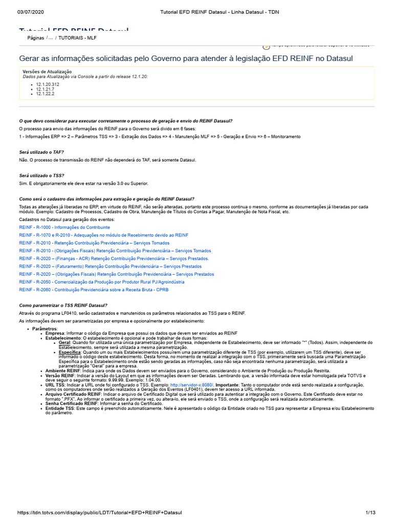 Tutorial EFD REINF no Datasul | PDF | XML | Recibo
