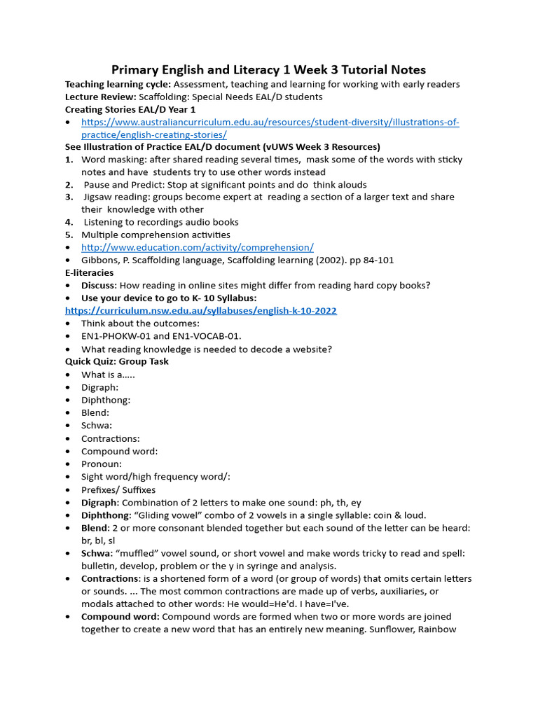 Primary English and Literacy 1 Week 3 Tutorial Notes | PDF | Word ...