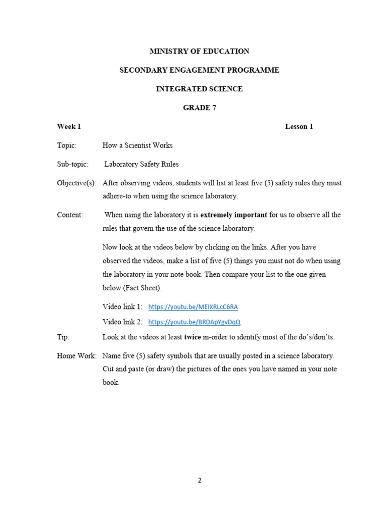 Grade 7 integrated science week 1 lesson 1 lab rules pdf