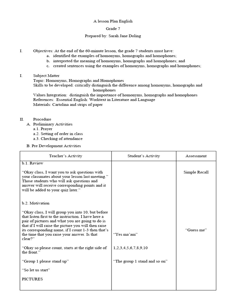 Lesson Plan in Homonyms | PDF | Lexicology