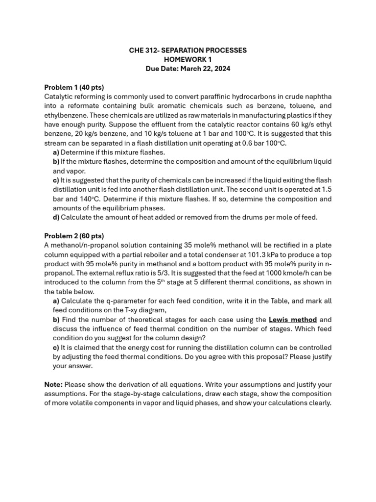 CHE 312 - Spring 2024 - HPR - 1 | PDF | Distillation | Physical Chemistry