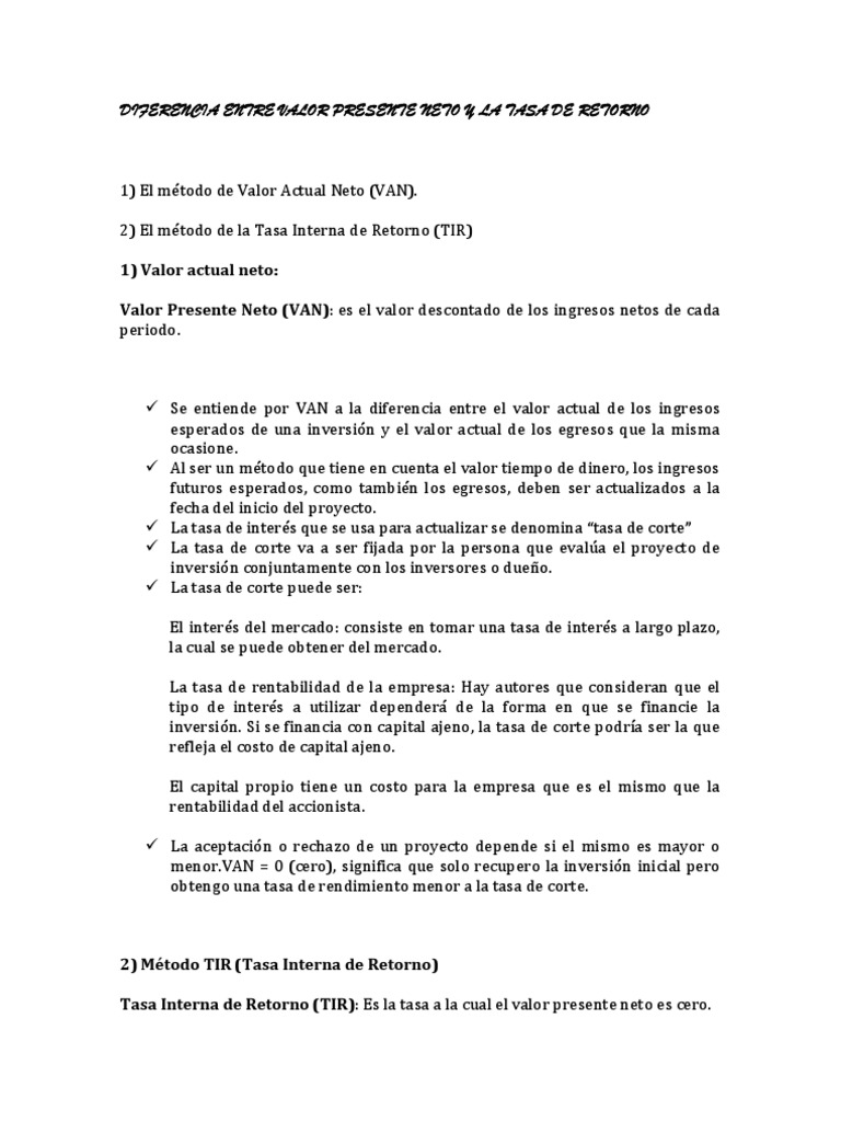 Diferencia Entre Valor Presente Neto y La Tasa de Retorno | PDF | Valor ...