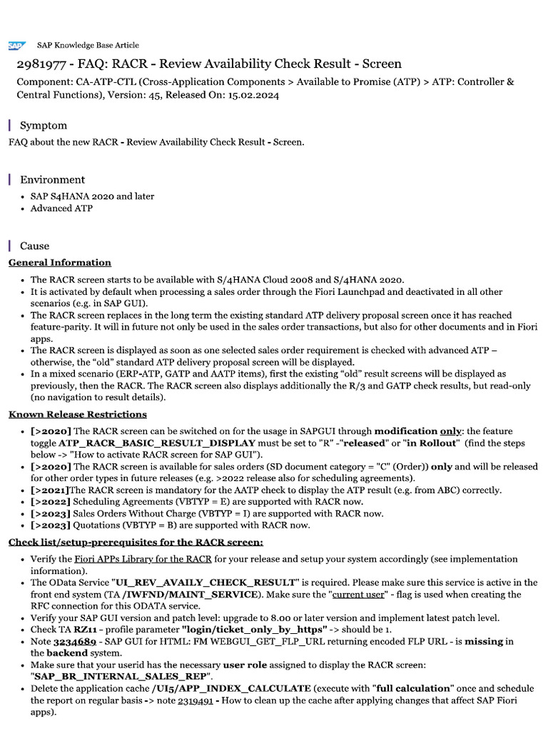 FAQ RACR - Review Availability Check Result - Screen | PDF