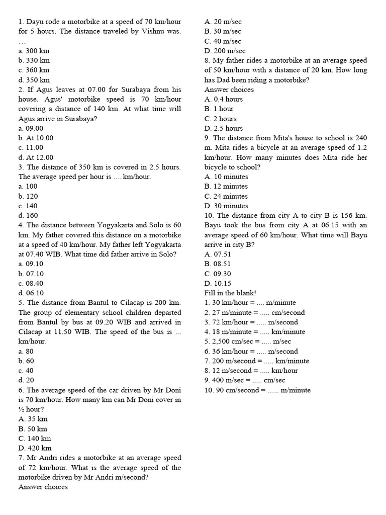 Speed and Distance Problems for Grade 5 | PDF | Speed | Mechanics