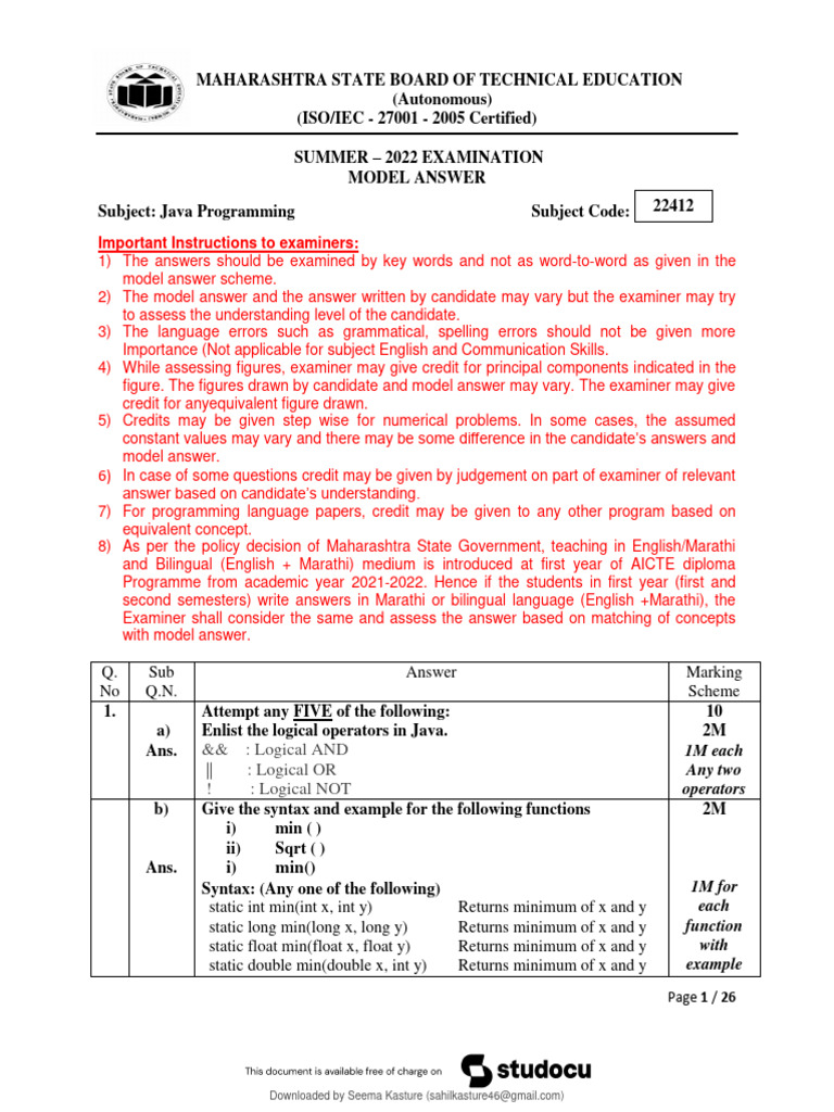 Java Programming Model Answer Guide | PDF | Java (Programming Language ...