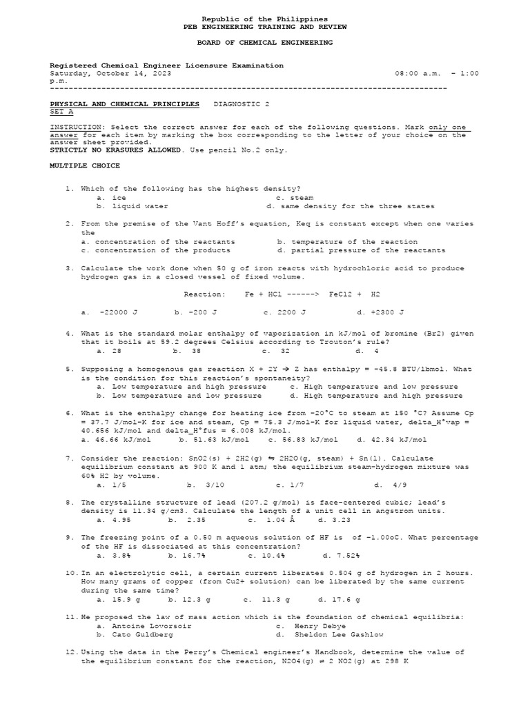 PCP Diag 2 Trial 1 | PDF | Chemical Equilibrium | Enthalpy