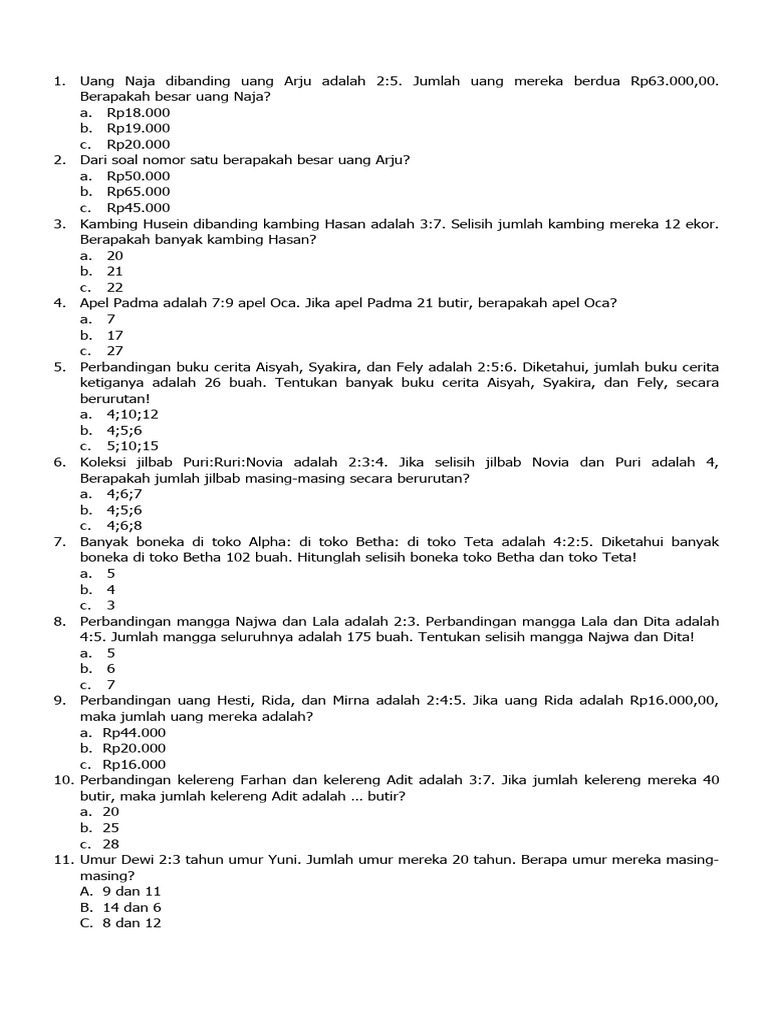 Soal Perbandingan dan Rasio Kelas 6 | PDF