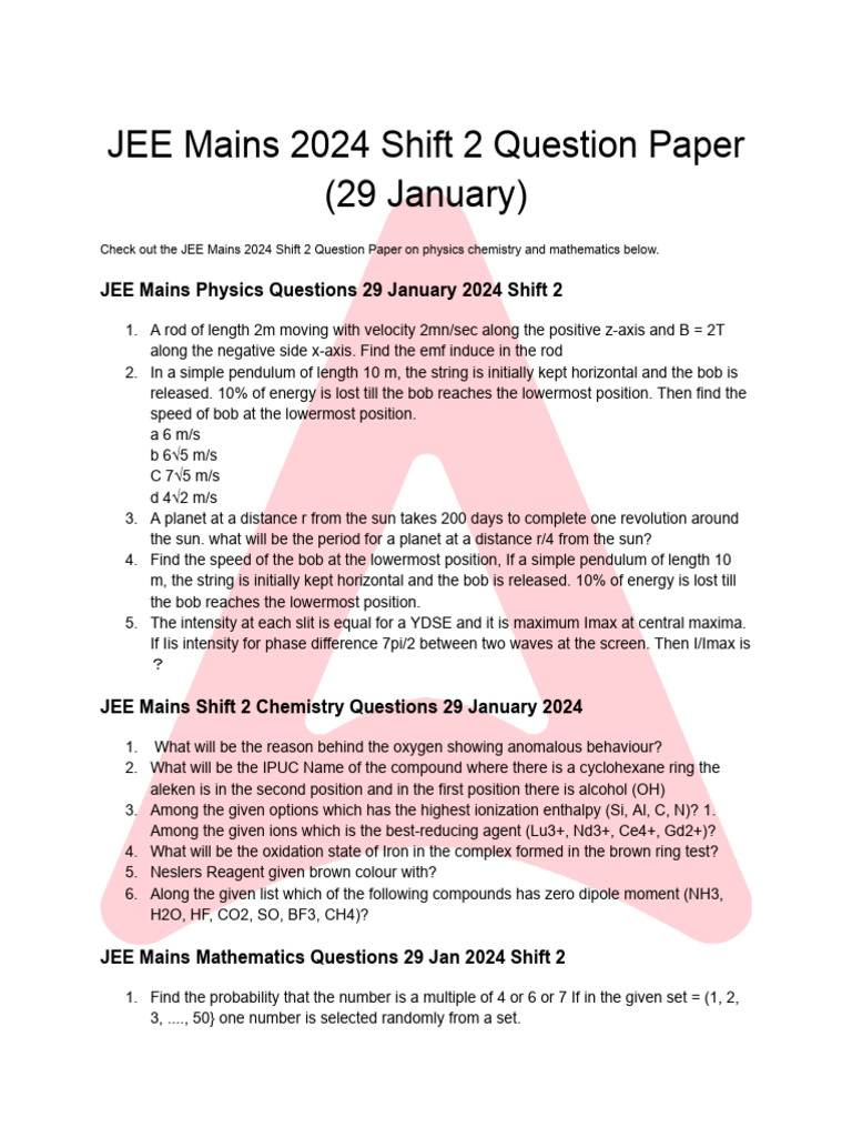 JEE Mains 2024 Shift 2 Paper (29 Jan) | PDF | Physical Chemistry ...