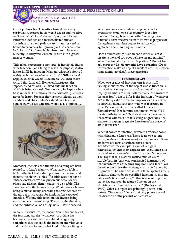 Lesson 3 Functions and Philosophical Perspective On Art | PDF | Beauty