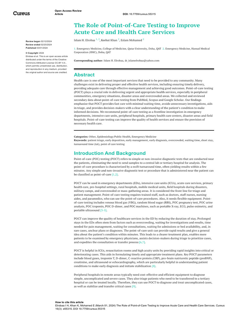 The Role of Point-Of-Care Testing To Improve Acute | PDF | Myocardial ...