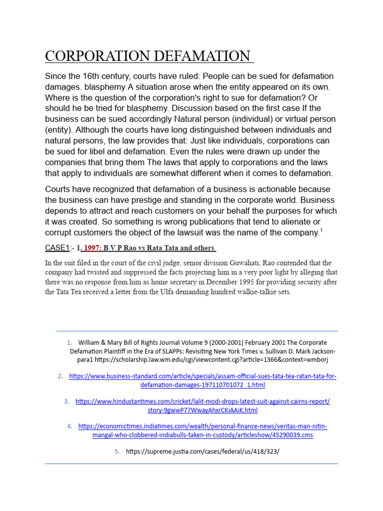 Corporation Defamation | PDF | New York Times Co. V. Sullivan | Litigation