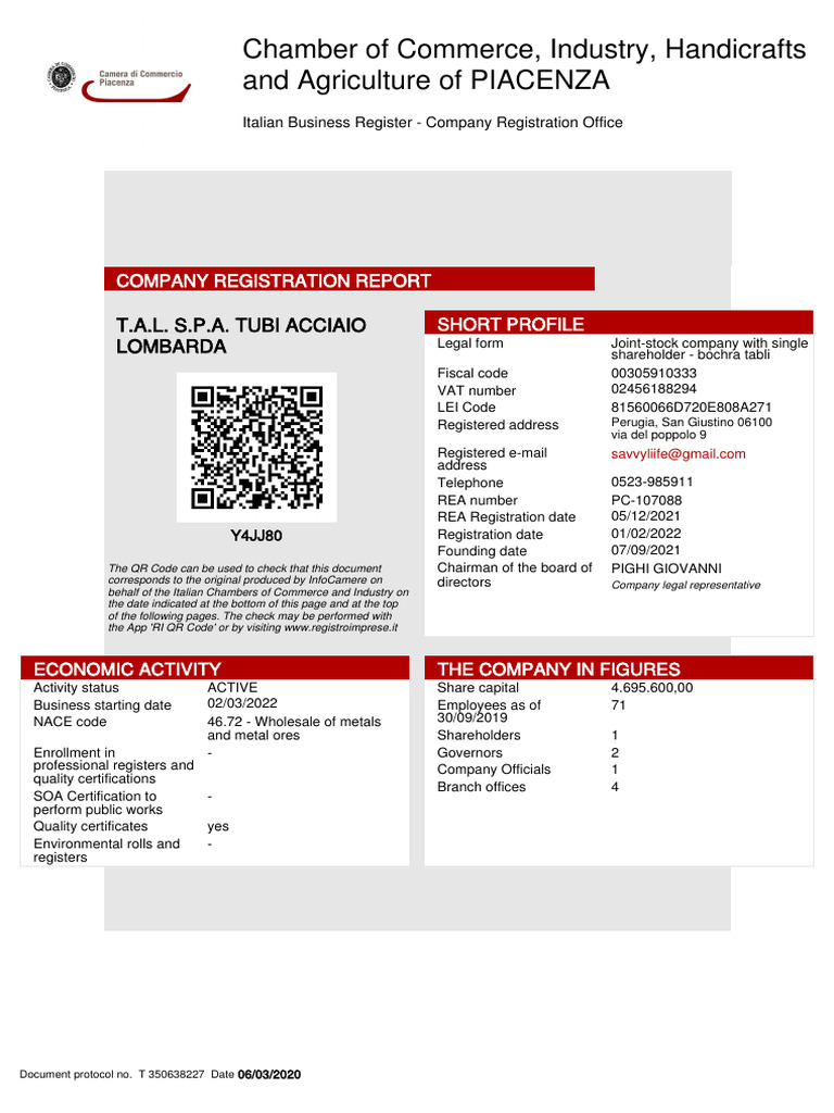 TAL S.P.A. Company Registration Report | PDF | Joint Stock Company ...