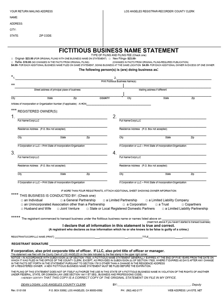 Fictitious Business Name Statement Form | PDF | Partnership | Limited ...