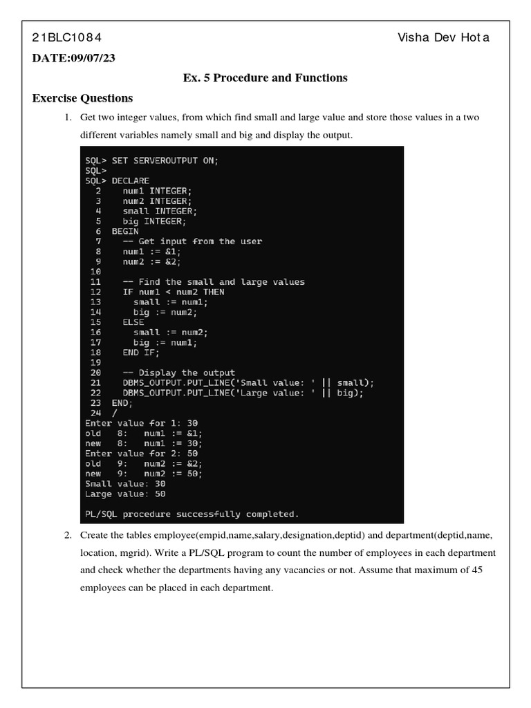 PL/SQL Exercises and Procedures Guide | PDF
