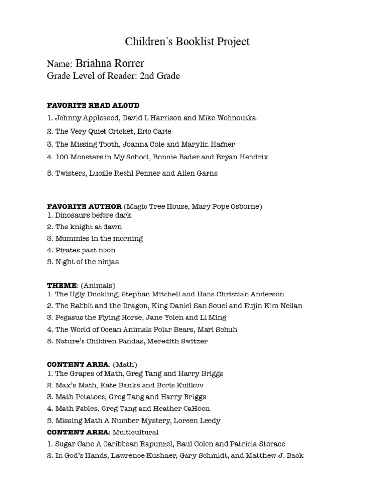 Childrens Booklist Project Template-2 | PDF