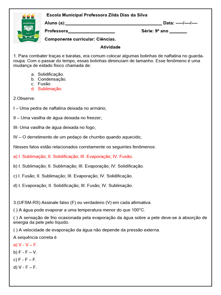 Atividades sobre Mudanças de Estado Físico | PDF | Congelamento | Líquidos