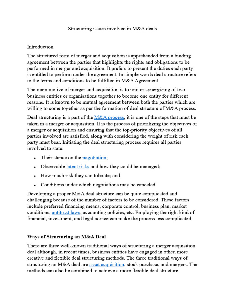 M&A deal structure | PDF | Mergers And Acquisitions | Stocks