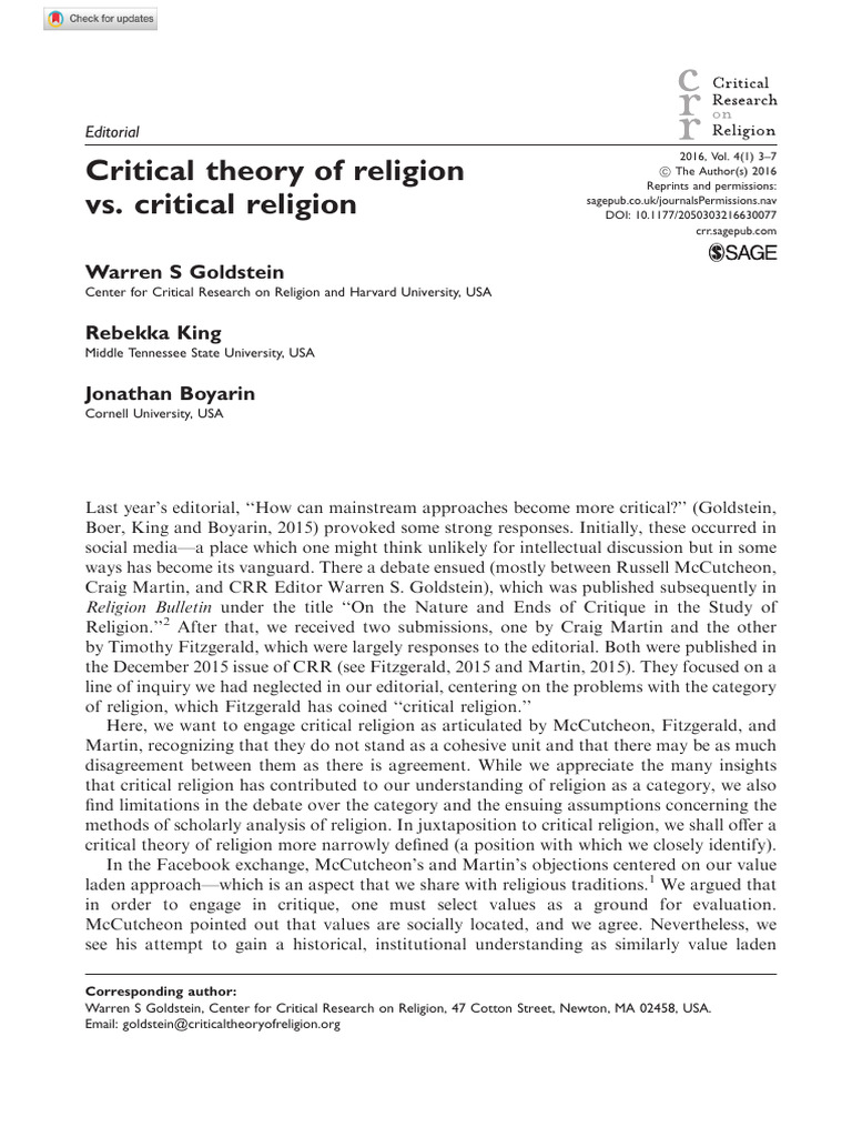 Goldstein et al 2016 critical theory of religion vs critical religion