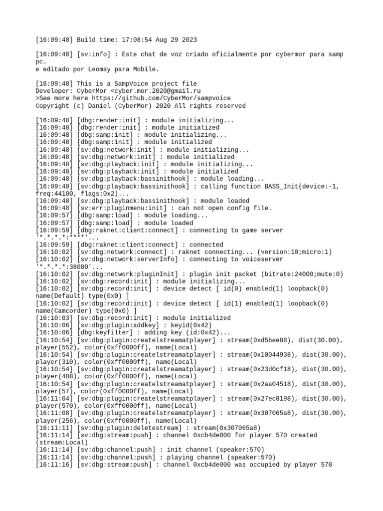 SampVoice Plugin Initialization Log | PDF | Internet Protocols ...