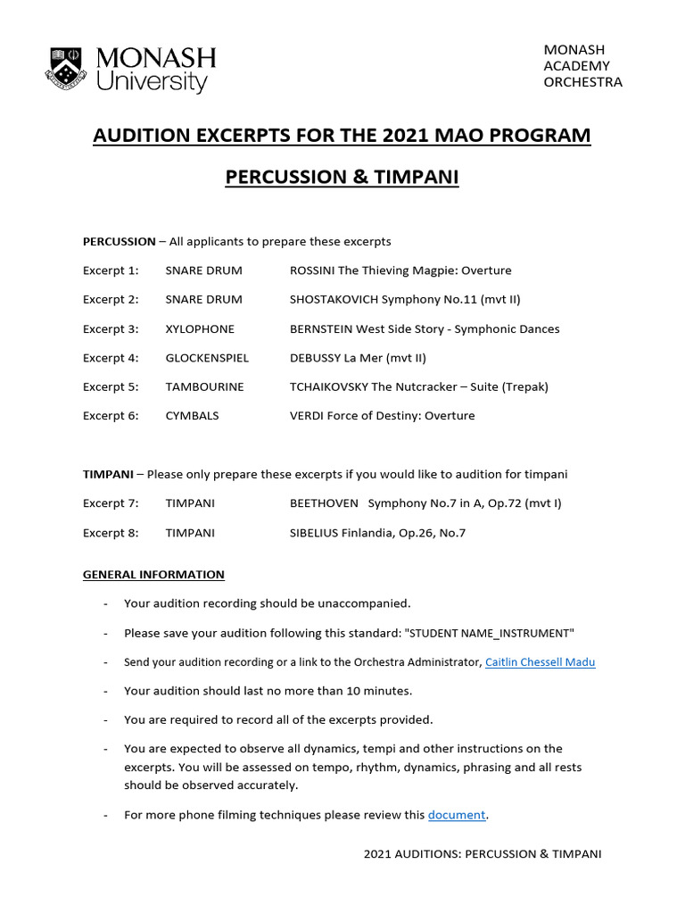 2021 Monash Percussion Audition Excerpts | PDF | Orchestras | Symphony