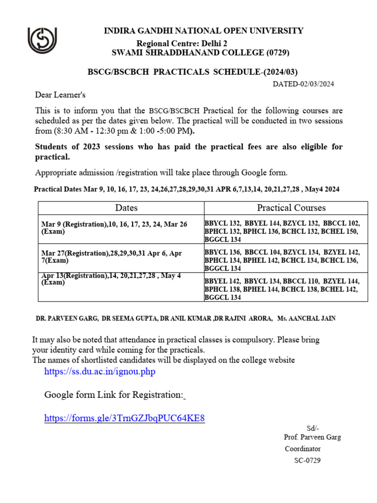 BSCG/BSCBCH Practical Schedule 2024 | PDF