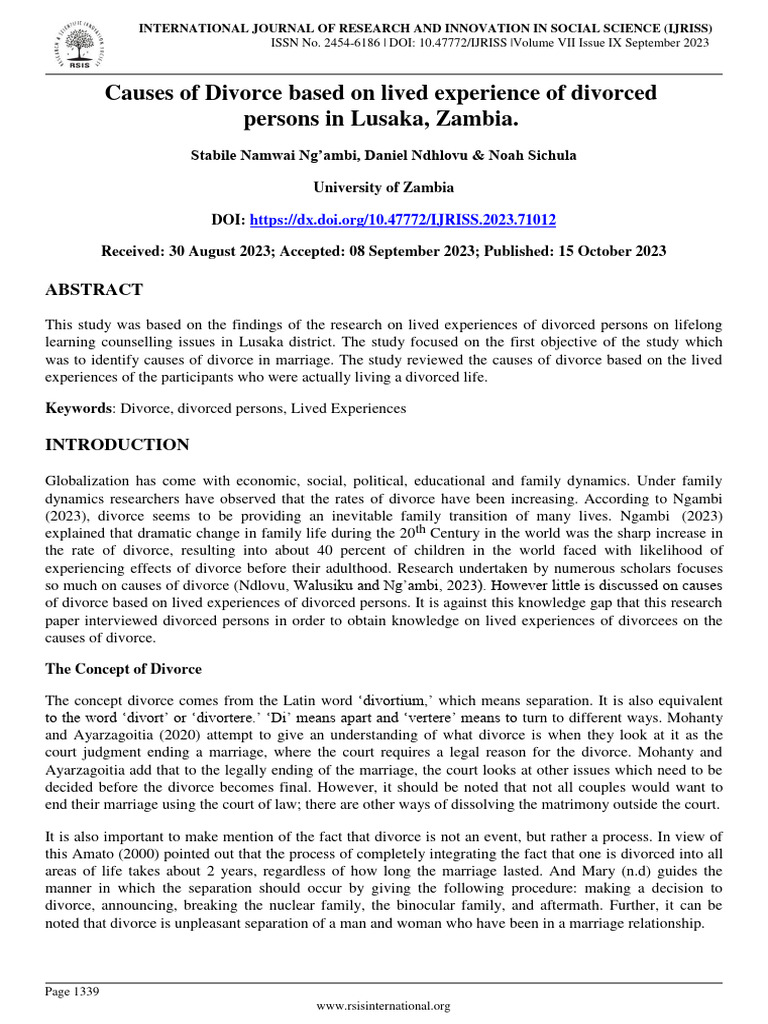 Causes Of Divorce Based On The Lived Experiences Of Divorced Persons