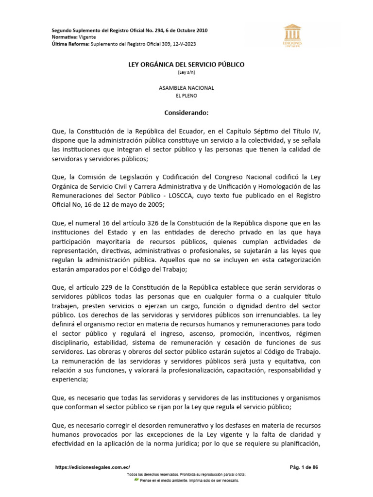 Ley Orgánica Del Servicio Público - Losep | PDF | Parentesco | Justicia