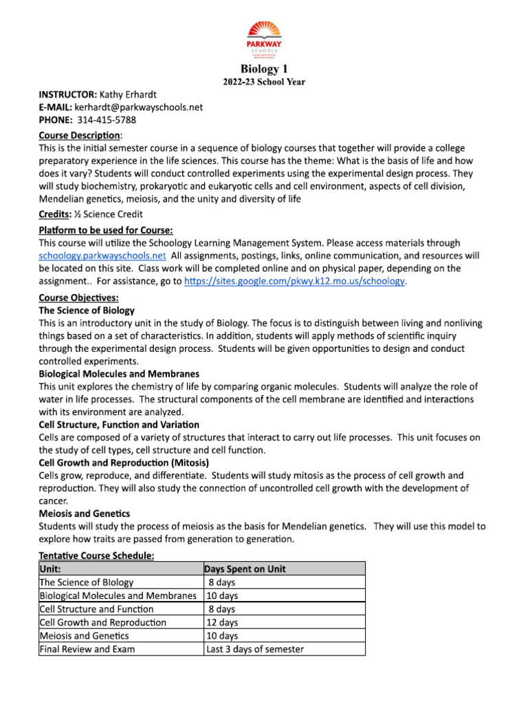 KErhardt Biology 1 Syllabus Spring 2023 | PDF