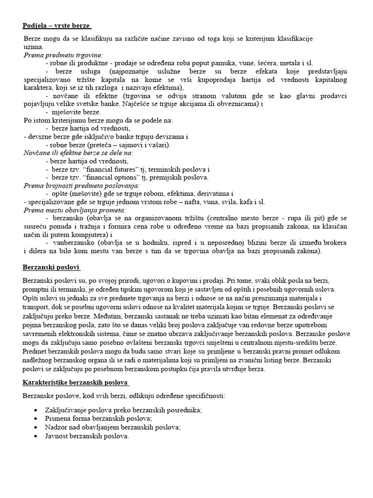 podjela berzi berzanski poslovi specificnosti berzanskih poslova | PDF