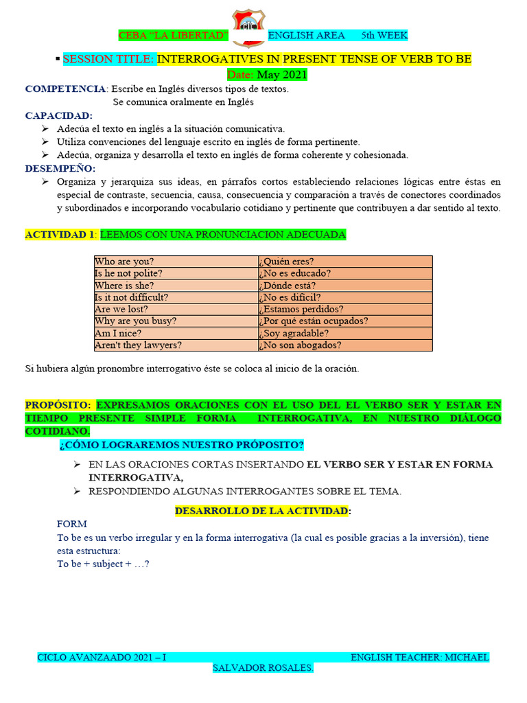 05 session english to be interrogative form pdf gram tica sintaxis