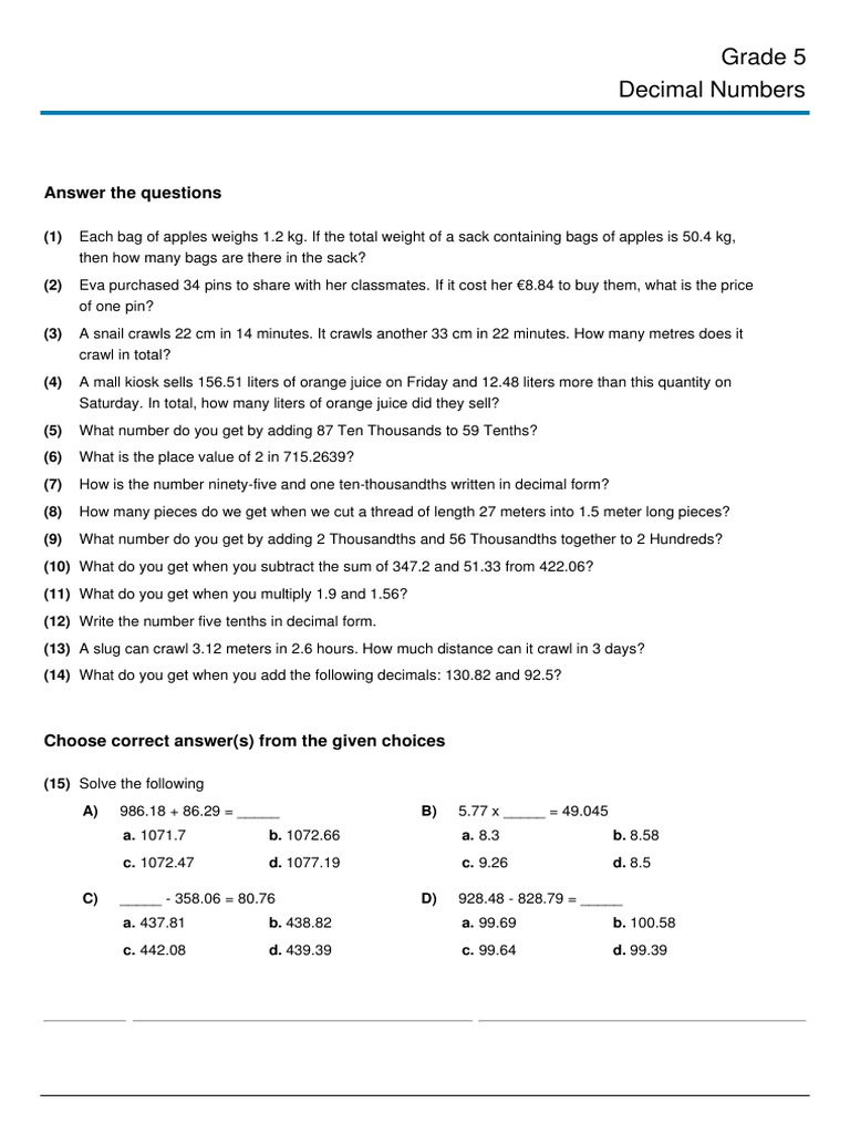 Grade 5 Decimal Numbers | PDF