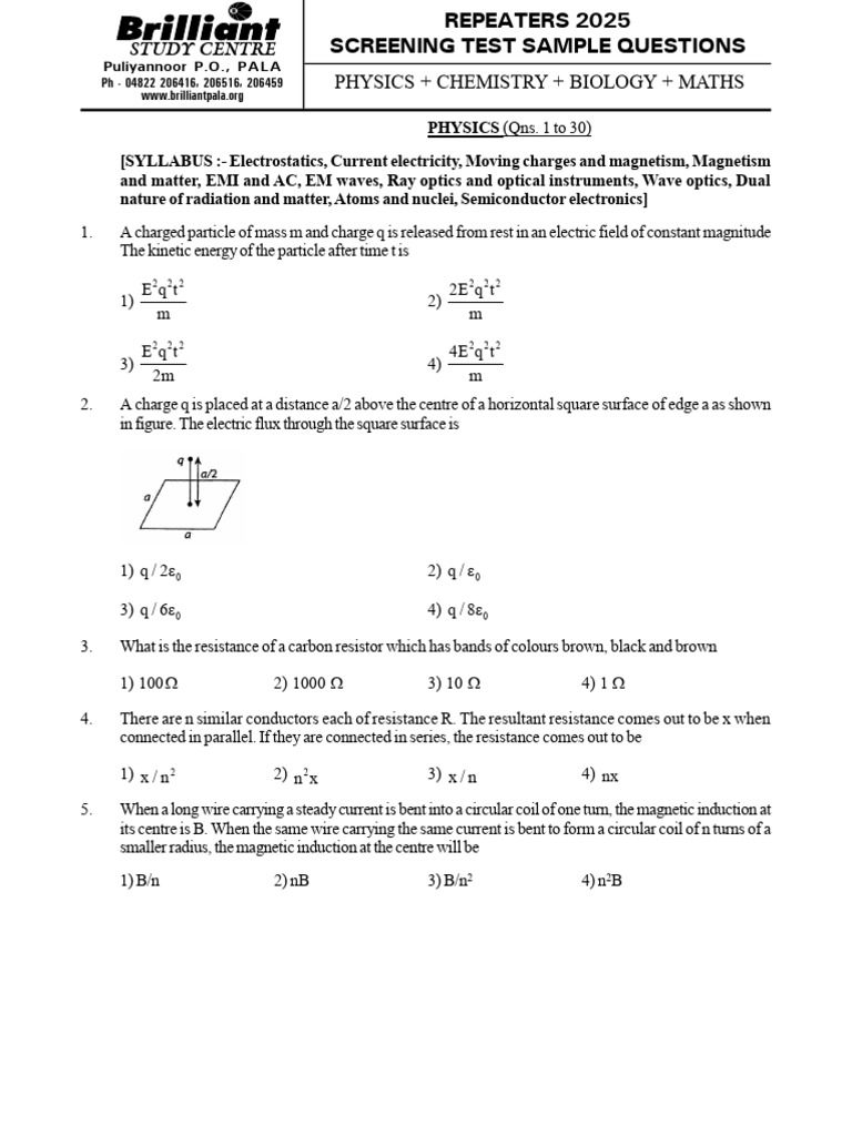 Screening Test Repeaters 2025 Sample Questions PDF Electronvolt