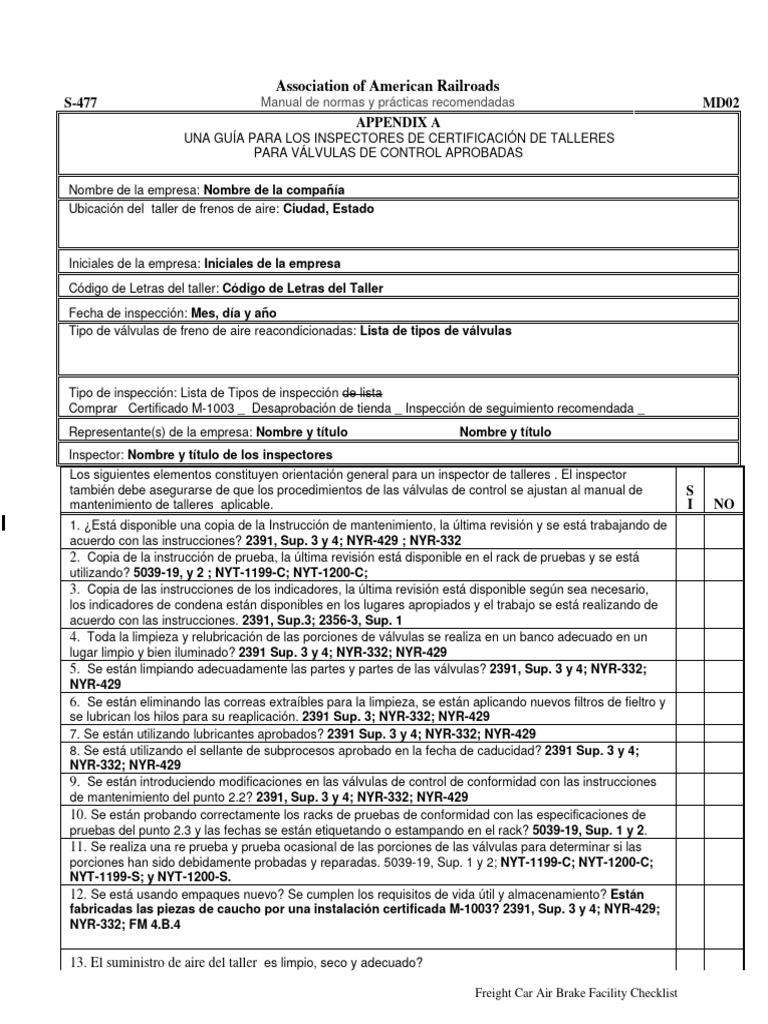 Freight Car Air Brake Facility Checklist - Spanish | PDF | Hogar ...