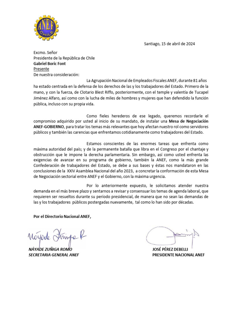 Carta de La ANEF Al Presidente de La Republica Gabriel Boric | PDF ...