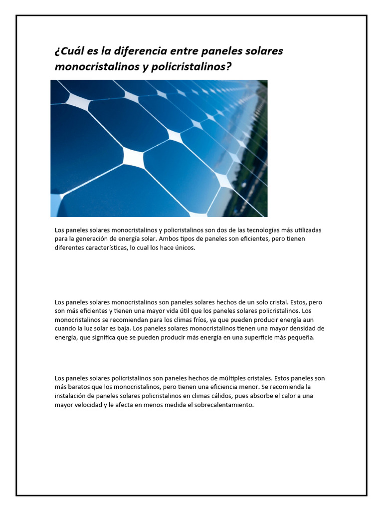 Monocristalinos vs Policristalinos: Guía Solar | PDF | Energía solar ...