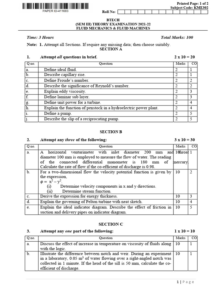 Btech Me 3 Sem Fluid Mechanics and Fluid Machines Kme302 2022 | PDF ...