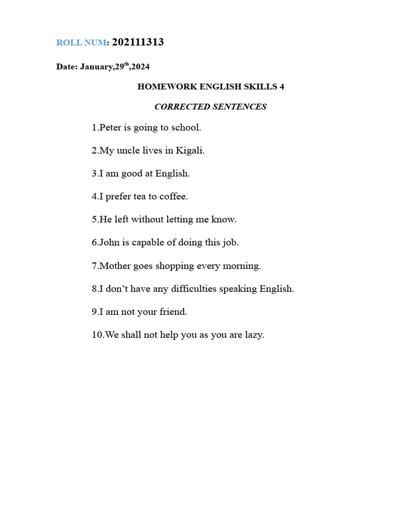 Corrected English Sentences Homework | PDF