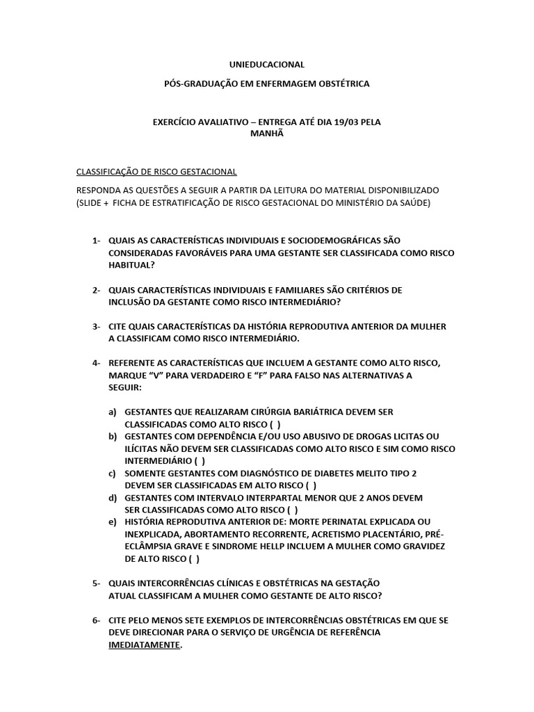 Classificação de Risco Gestacional | PDF