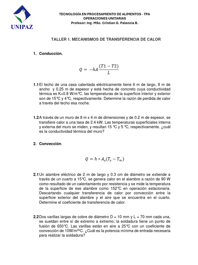 Taller 1. Mecanismos de Transferencia de Calor | PDF | Transferencia de ...