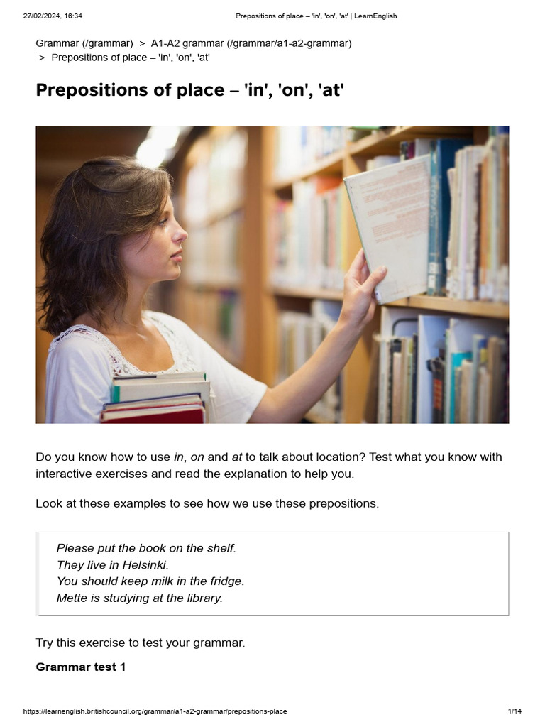 Prepositions Of Place In On At Learnenglish Pdf