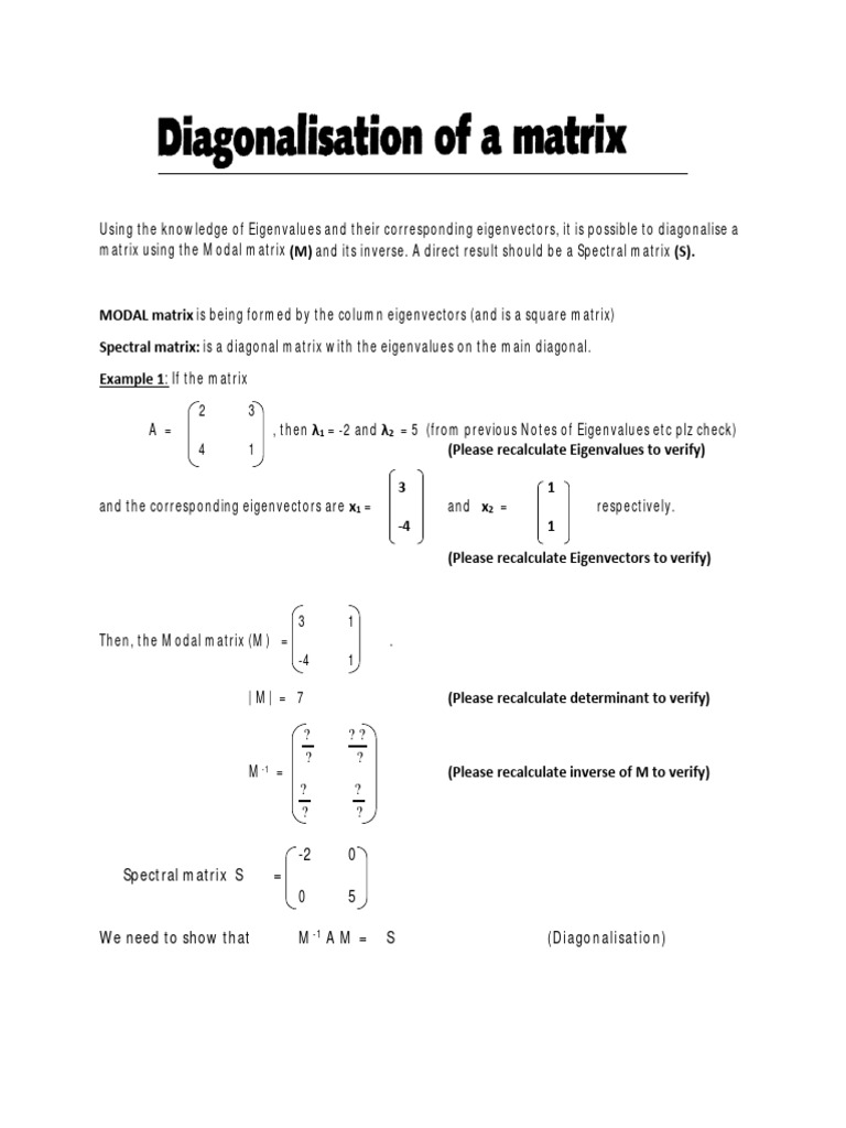 Diagonalisation of A Matrix Notes | PDF | Eigenvalues And Eigenvectors ...
