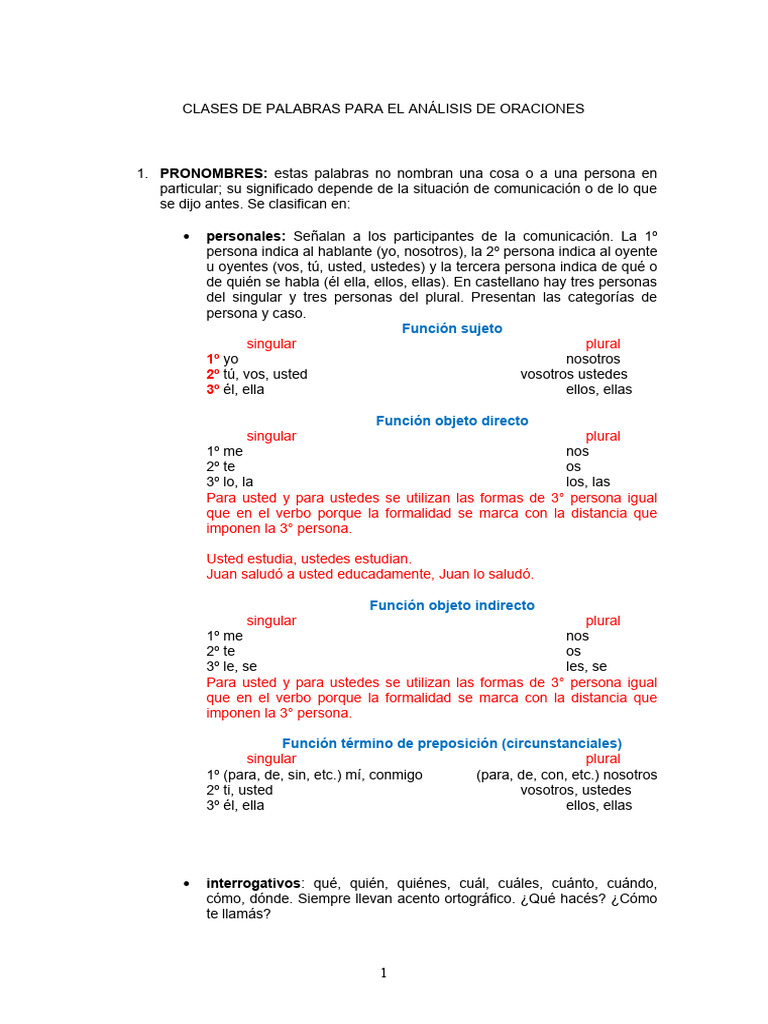 Clases de Palabras para El Análisis de Las Oraciones Gramatica | PDF ...