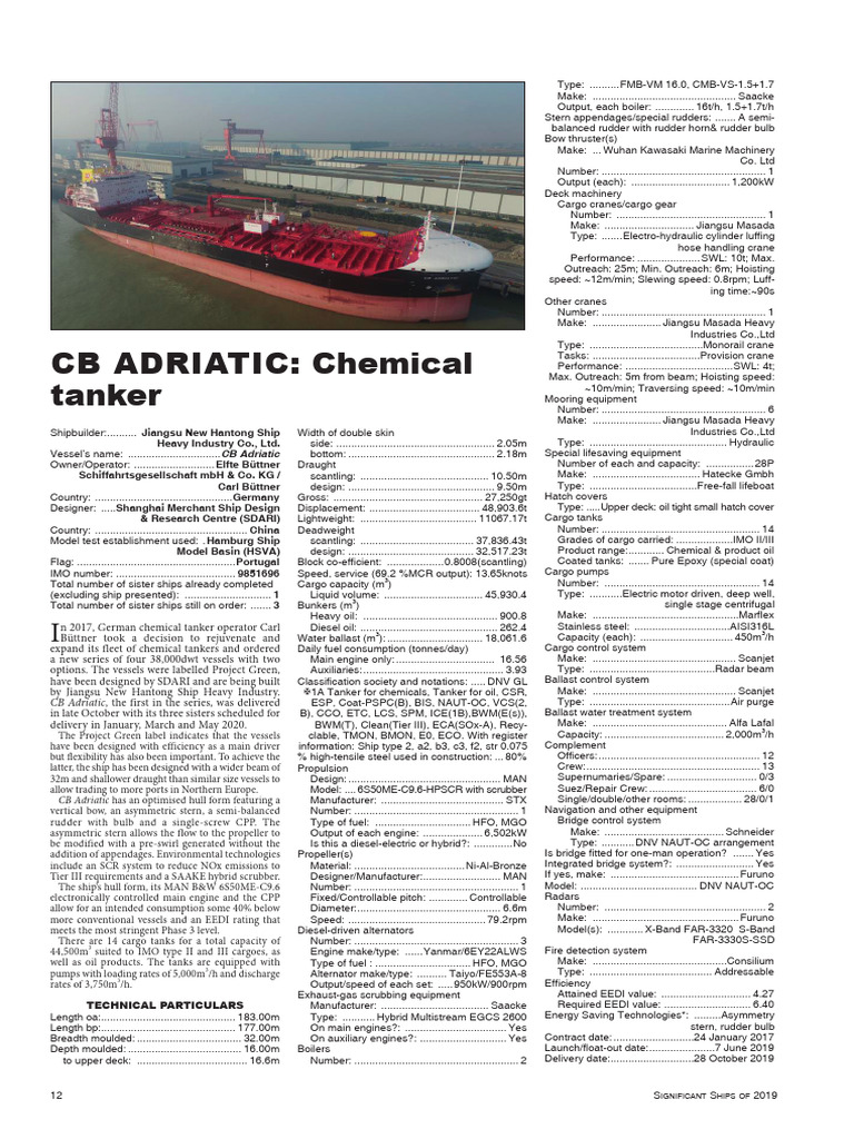 Specifications for CB Adriatic Tanker | PDF | Ships | Oil Tanker