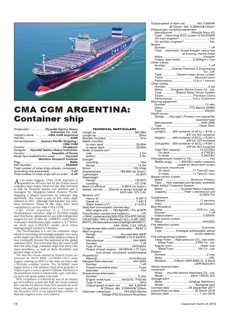 CMA CGM Argentina: 2019 Ship Overview | PDF | Marine Propulsion | Ships